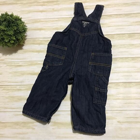 OshKosh Red Fleece Lined Dark Wash Denim Jean Bib Overalls Baby Boy Size 6 Month - Picture 3 of 3